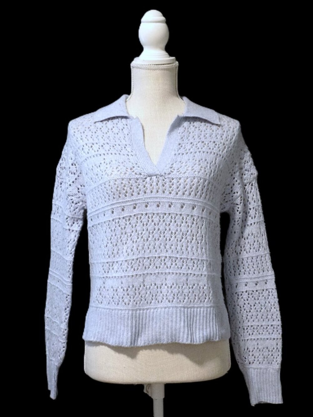 London Kaye Baby Blue Loose Weave Collard Split V Neck Sweater Women’s Small